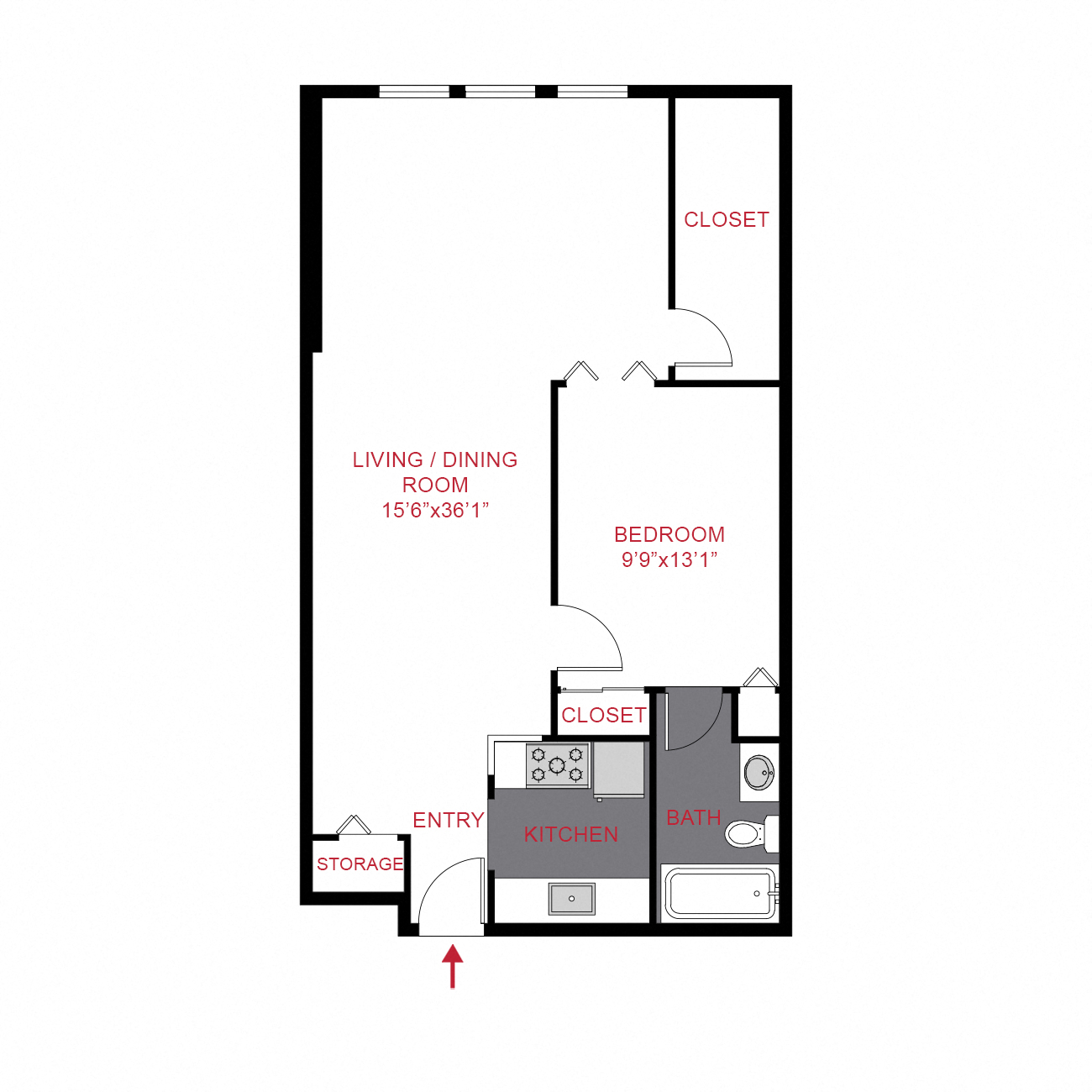 Floor plan for 1 bed, 1 bath, 770 sqft